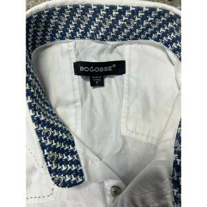 Men's Bogosse White Button-Down Shirt Blue Patterned Collar & Accents Size 7